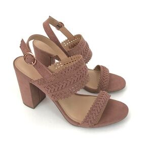 New! Block Heel Faux Suede Bohemian Pink Mauve Chunky High Heel Braided Sandals